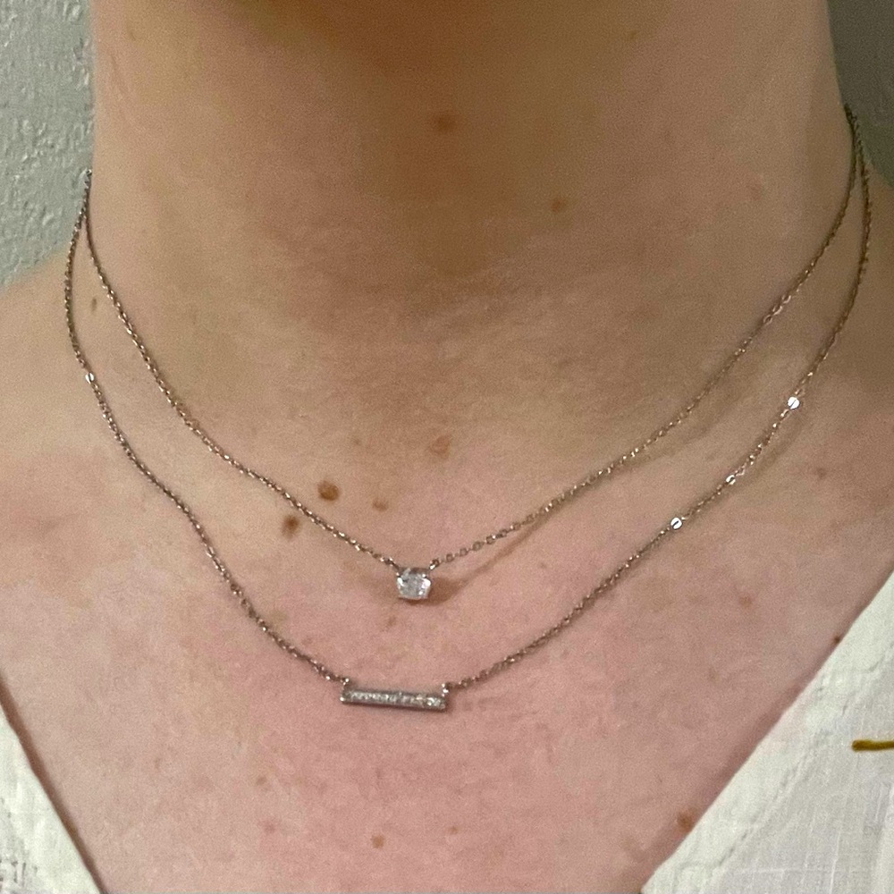 Silver Layered Necklaces with Jewel and Bar Charm